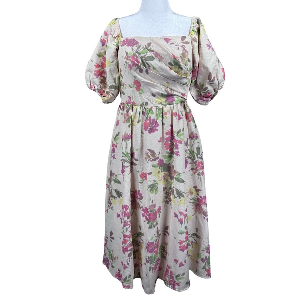Shoshanna Off-Shoulder Floral Midi Dress -‎ Cream and Pink - Picture 3 of 16